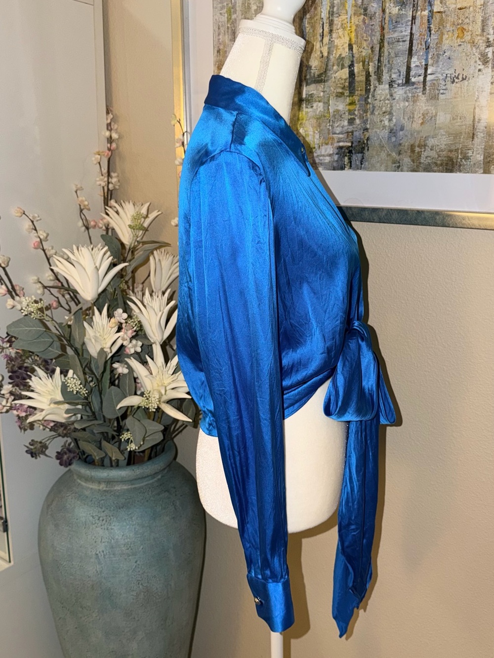 Maggy London Royal Blue Silk Tie-Front Blouse - Picture 4 of 9
